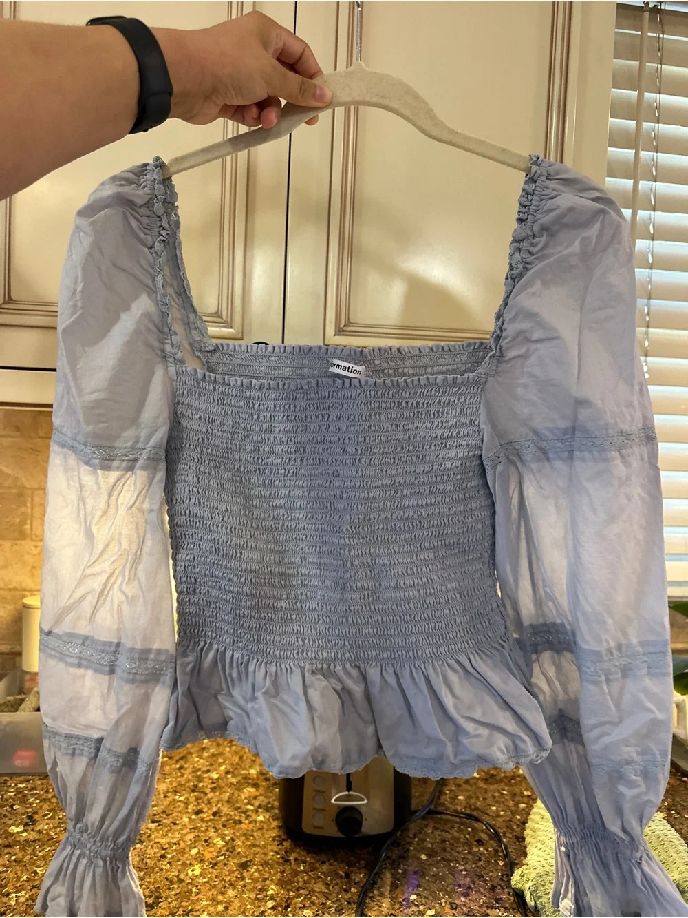 Reformation Roland Smocked Top in Mineral Blue